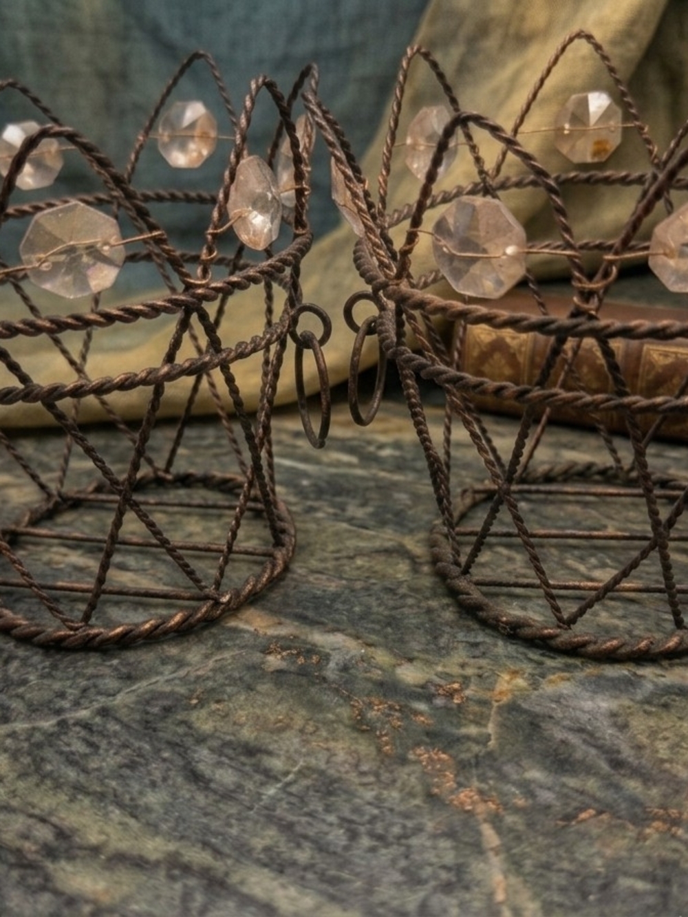 Vintage Brown Wire and Crystal Bead Accent Pair